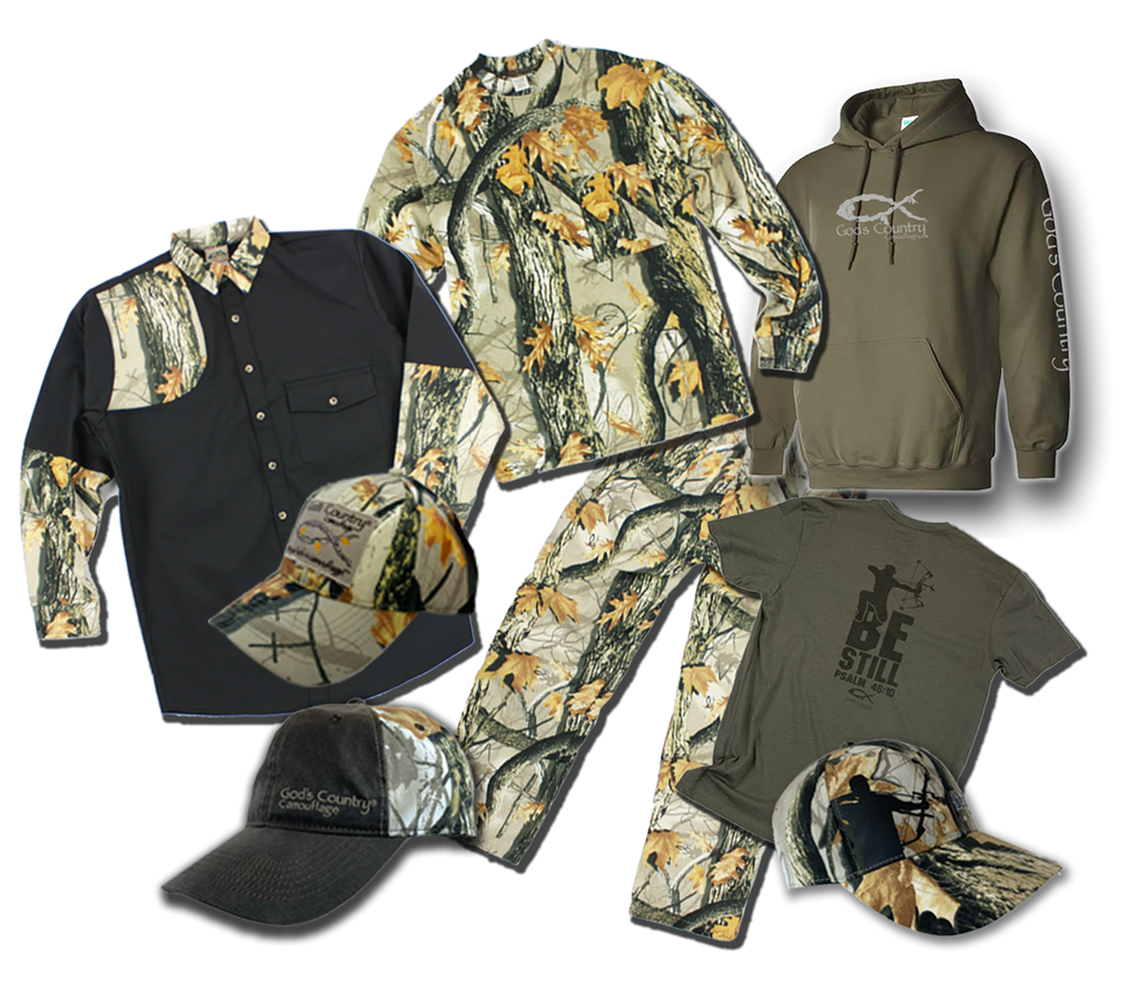 God's Country Camo Features 7 Christian Symbols in the pattern.